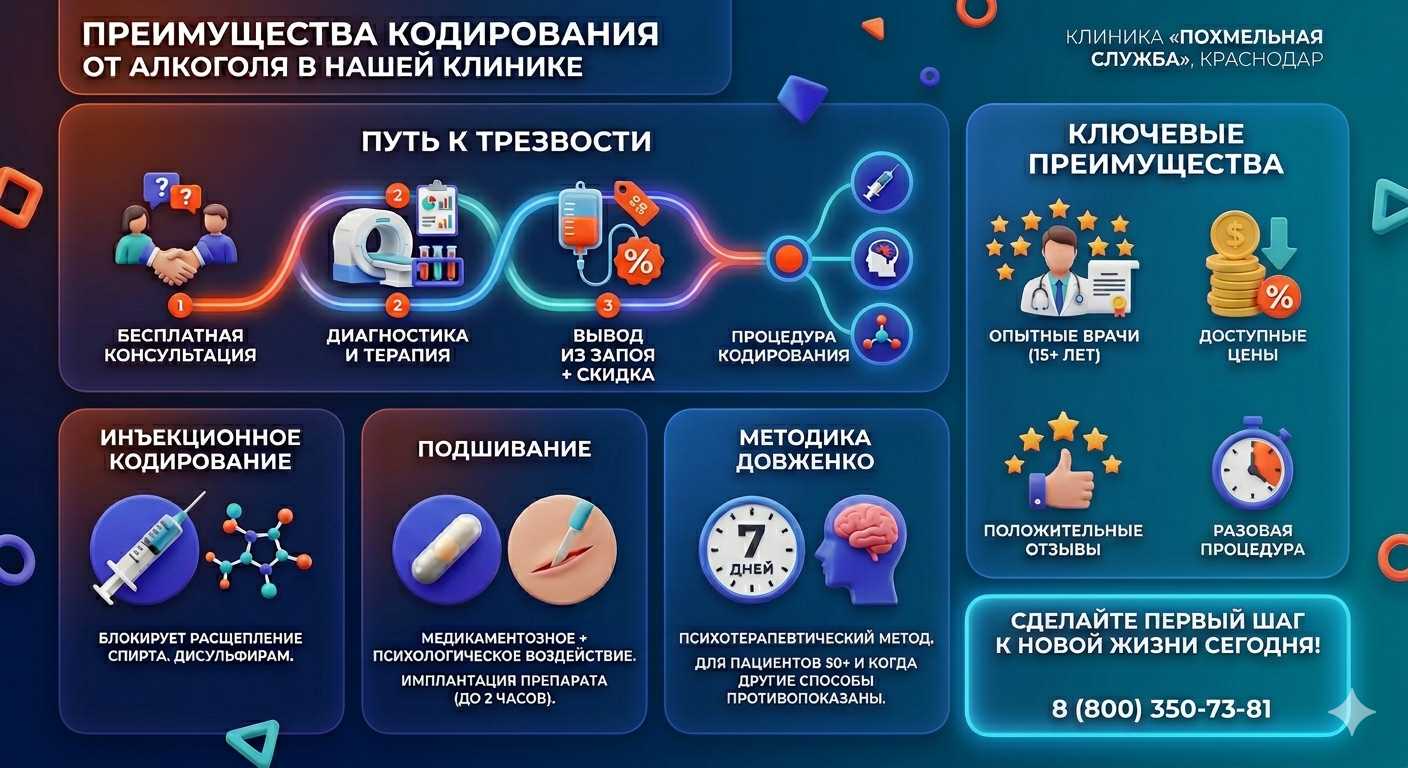 Инфографика о методах кодирования от алкоголя в Камызяке: инъекции, подшивание, метод Довженко. Преимущества клиники и этапы лечения.