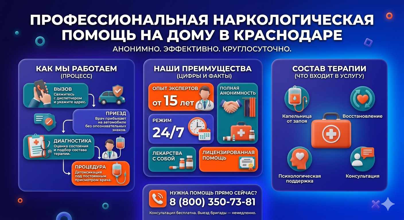 Инфографика о принципах лечения алкоголизма на дому в Камызяке: этапы вызова нарколога, преимущества анонимной детоксикации и состав медицинской помощи.